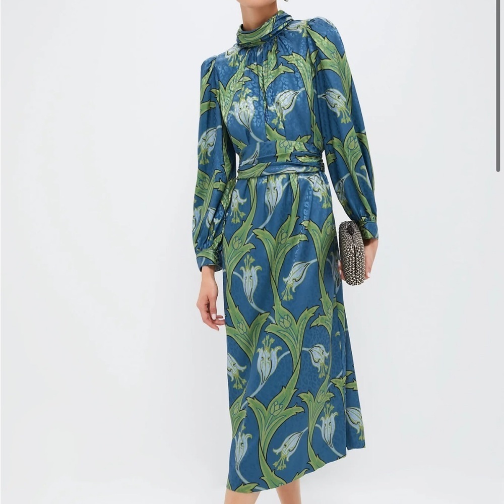 TUCKERNUCK Deco Floral Satin Faven Dress Green Deco Floral Midi Satin Sz S NEW - Picture 1 of 13